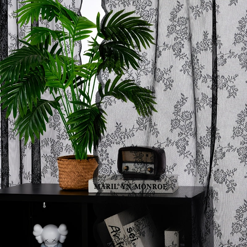 Set of Two White Lace Curtains with Floral Designs, Featuring a Bohemian Style And Semi-Transparent Fabric That Filters Sunlight. Suitable for All Seasons