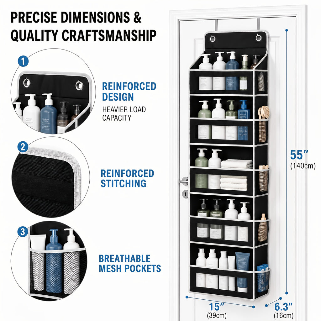 Over the Door Pocket Organizer, 5-Tier Hanging Storage with Large Compartments for Bathroom Toiletries, Bedroom Essentials and Pantry Supplies