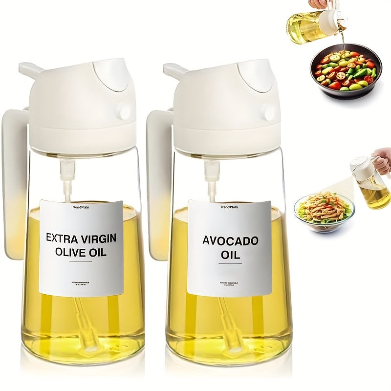 Set of 2 Glass Bottles for Olive Oil, Featuring a Dual Function for Drizzling And Spraying. The Dark Green Glass Helps to Keep The Oil Fresh by Blocking Out Light. Each Bottle Holds 16Oz/480Ml