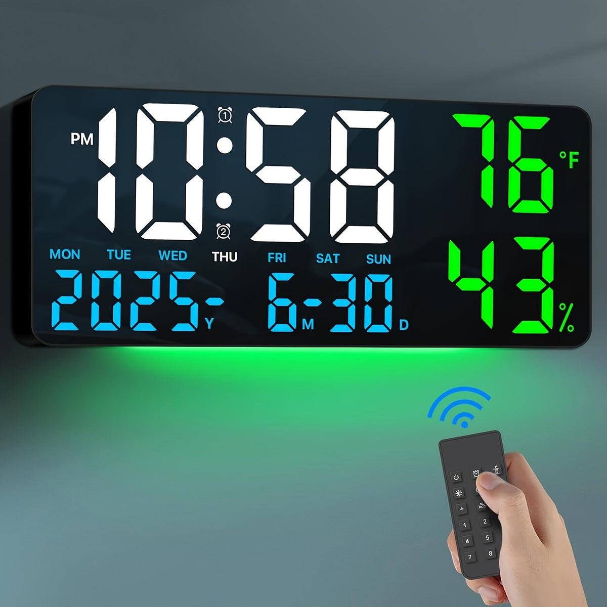 Large Screen LED Alarm Clock - Luminous Display of Week, Temperature, Humidity, and Timer - Ideal for Bedroom, Living Room, and Office with Sleek Modern Design.