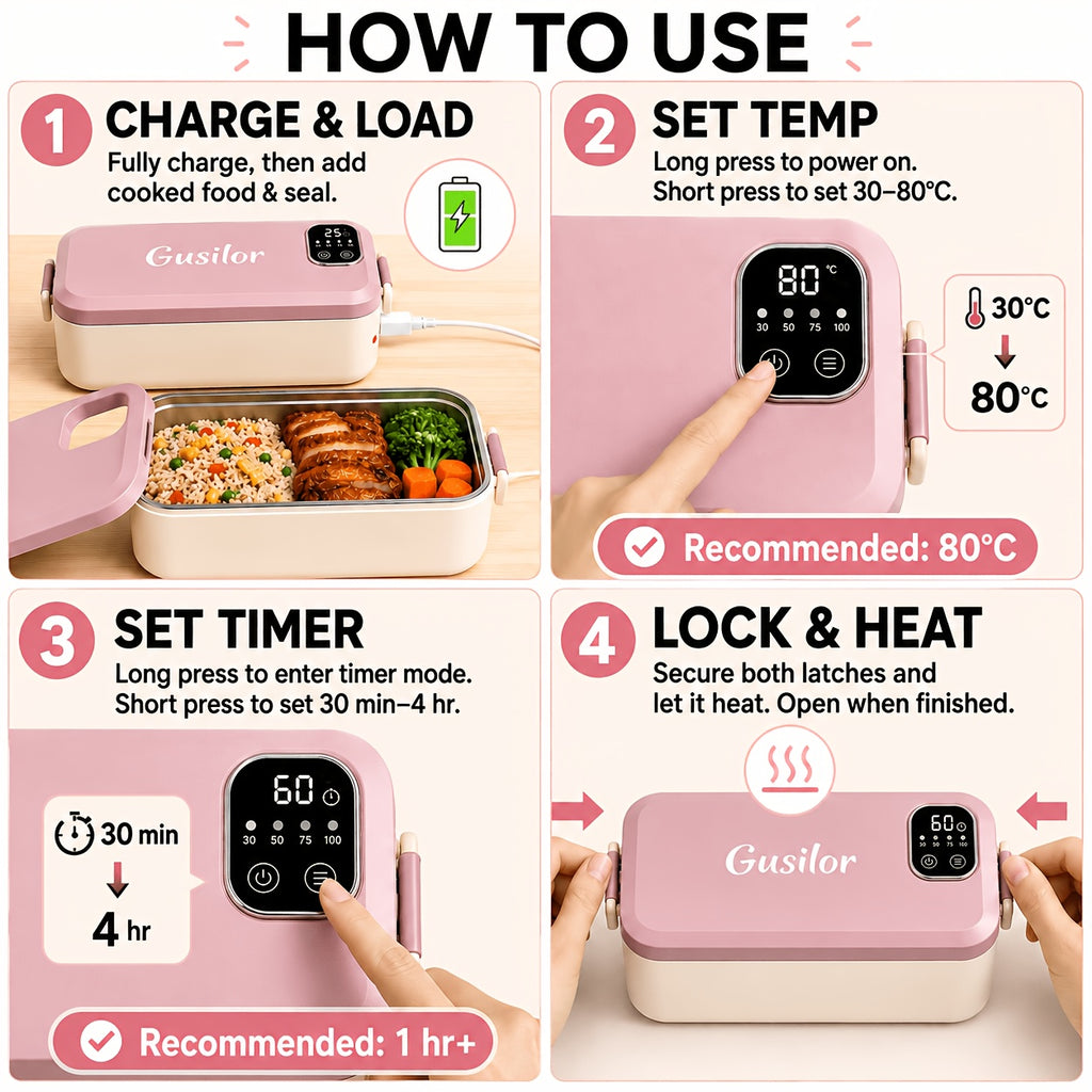 Rechargeable Lunch Box Portable Timer-Controlled (Upgraded Version), Lunch Box for Women Men, Bento Box Adult, Insulated Lunch Bag, Snack Lunch Containers with Lids, Meal Prep Containers, Heated Lunch Box