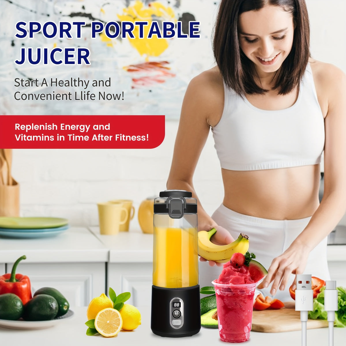 LALAYUAN USB-Powered Juicer & Juicer with Digital Timer, Battery Left Display, High-Speed Ice Crush, USB-C Fast Charge, One-Tap NO-Spill Lid, 6-Blade Stainless Steel - Smoothie Blender Portable, Protein Shakes, Gym, Travel Smoothie Maker