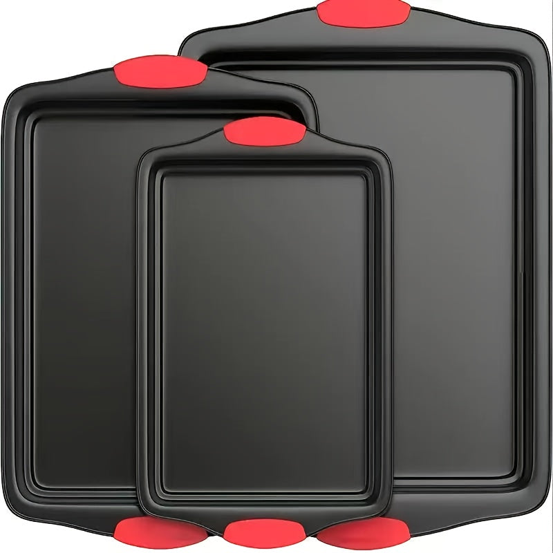 3-4pcs Non-stick Kitchen Oven Baking Pan - High Quality Stylish Non-stick Steel, Commercial Grade Restaurant Quality Metal Baking Pan Including Large, Medium And Small Pans For Baking And Baking With Red Silicone Handles - Easy To Clean, Black