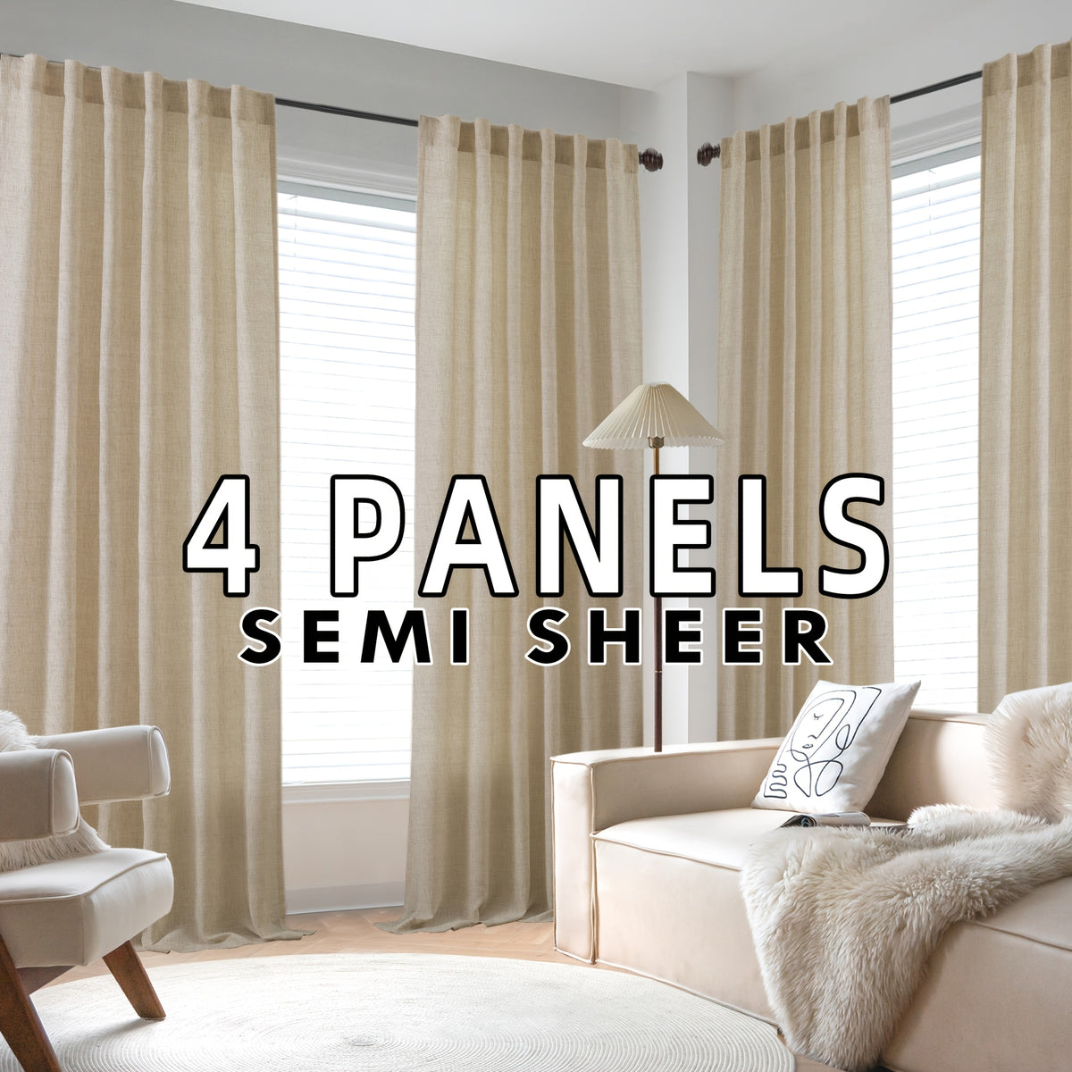 4 Panels Natural Linen Curtains for Living Room Semi Sheer Farmhouse Real Flax Rod Pocket Back Tab Boho Rustic Light Filtering Window Drapes for Bedroom Privacy Assured