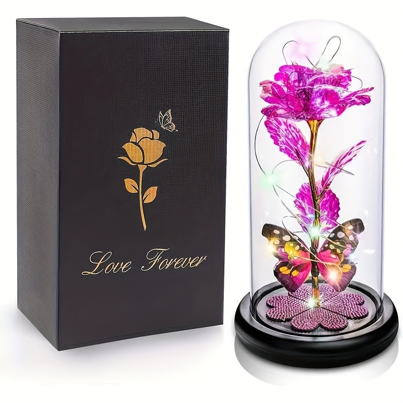 1pc Mother'S Day Rose Gift for Mother, Galaxy Glass Rose Forever Eternal Crystal Flower Glow Rose Glass Dome And Butterfly Birthday Flower Gift for Women'S Mother, Wife, Sisters, Daughter, Purple