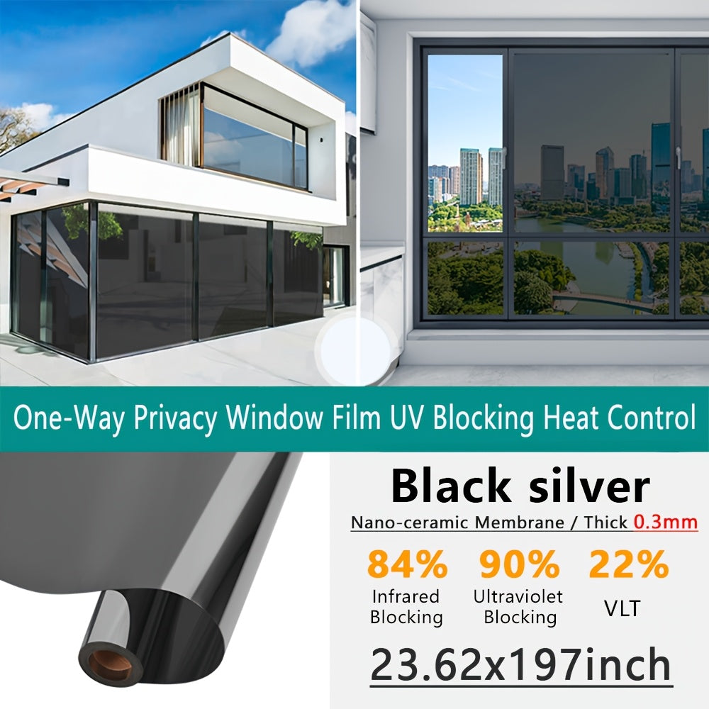 One-Way Privacy Window Film - Sun Blocking, Blocking & Heat Control Static Cling Film, Energy Saving Anti-Glare Reflective Coating No Glue- Easy Install For Home Office Hotel. Anti-Peeping | Glare Reduction Film | Reflective Glass Film(23.6''x118'')