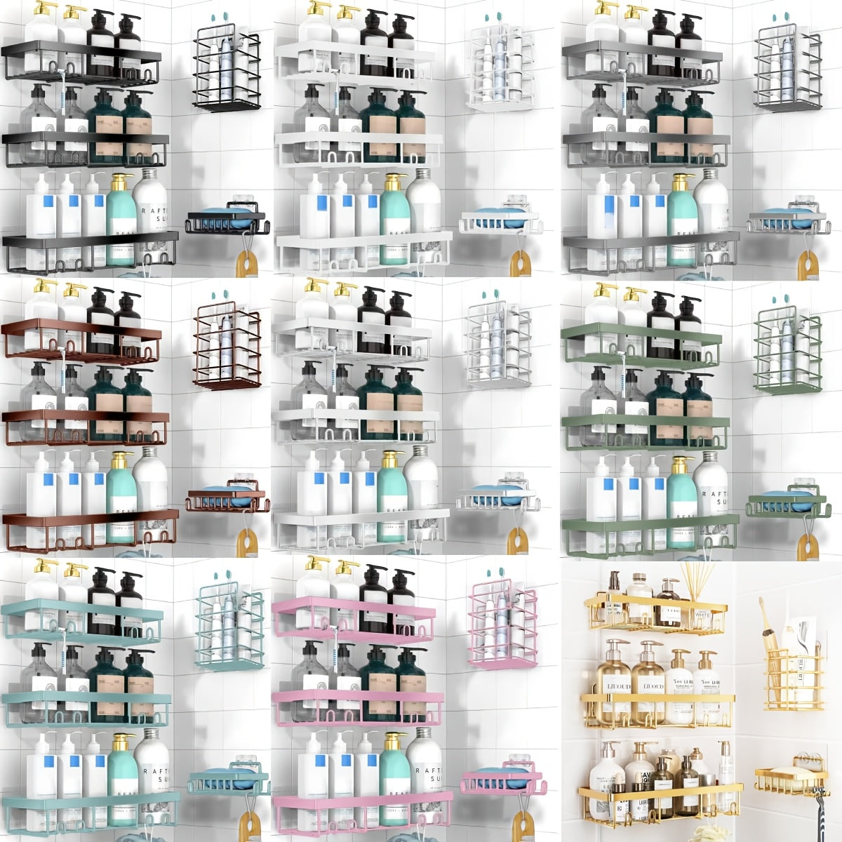Shower Caddy, 5 Pack Shower Organizer Rack for Inside Shower, Self Adhesived Shower Shelf Large Capacity Rustproof Stainless Steel Bathroom Wall Storage Shower Basket, Random Color Properties to Choose, Shower Caddies