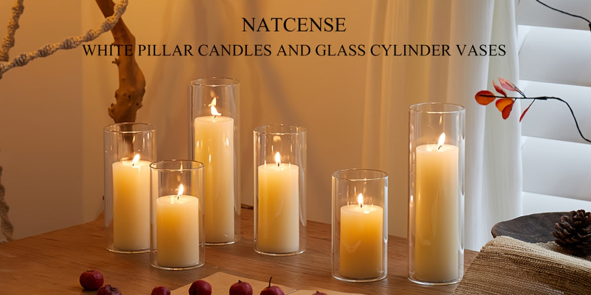 White Pillar Candles with Clear Glass Hurricane Holders- Elegant Cylinder Candle Vases for Weddings, Parties, Centerpieces, Home & Office Decor