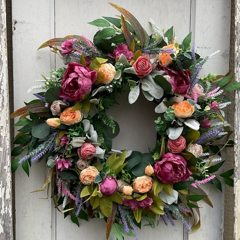 Elegant Peony & Roses Wreath with Pink, Purple, Peach, & Green Foliage - Durable Plastic Farmhouse Door Decoration for Spring Summer Home Decor, Contemporary Floral Wreath with Lush Foliage & Pastel Hues, Easy to Install with Adhesive/Screws, All-Season I