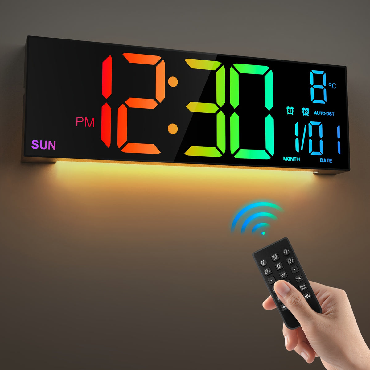 16.5'' Large Digital Wall Clock with Remote Control, Big LED/2 Alarms/8 RGB/Auto Brightness/Date/Auto DST/Temperature/Ambient Light/Dimming/Timer, Gym Clocks for Living Room, Bedroom, Office, Kitchen Home Decor, Easter Decorations, Mother's Day Gifts