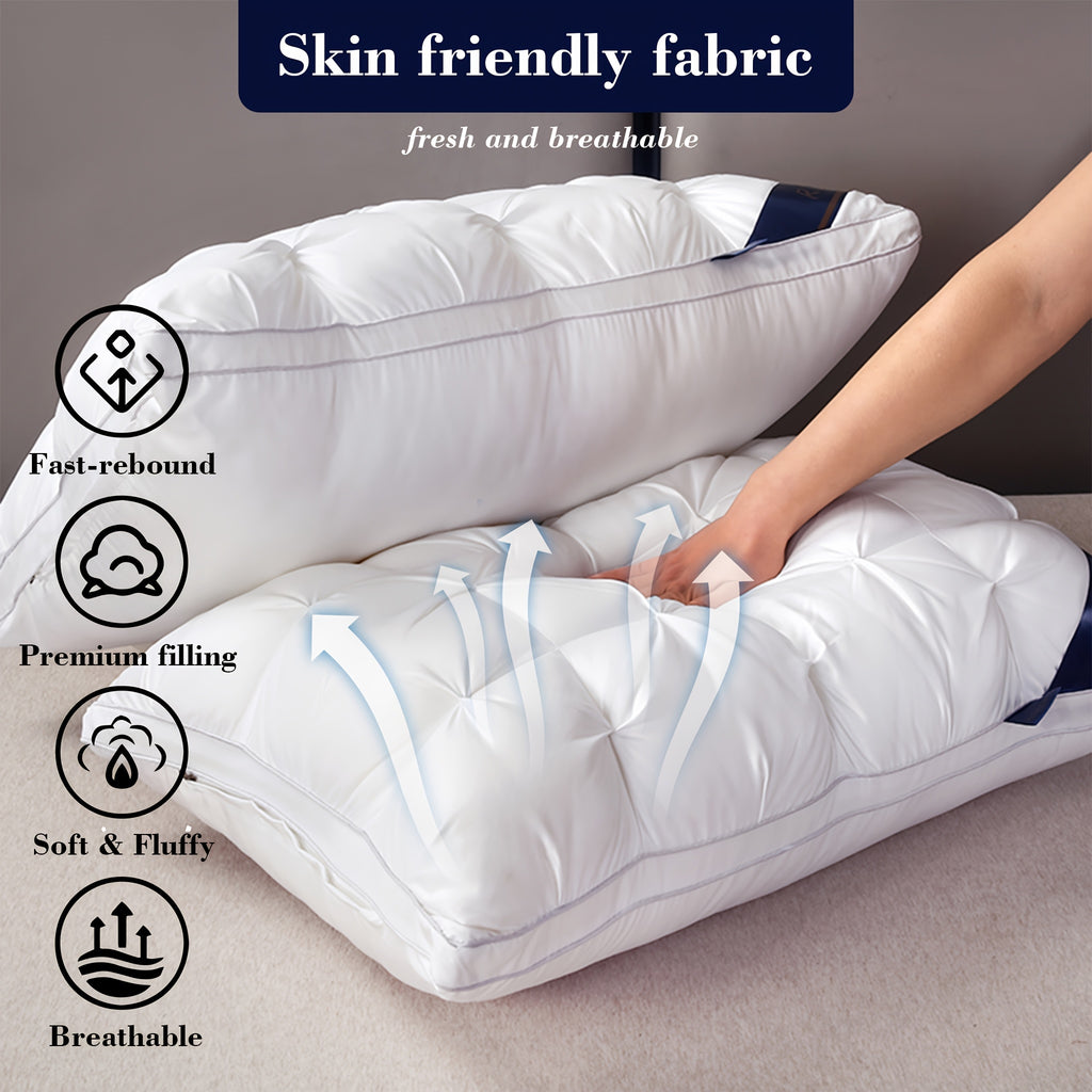 1/2pcs Luxury Hotel-Quality Pillows, Queen Size High Resilience Plush Fill, Soft Comfortable for Deep Sleep. Ideal for Side Back Sleepers, Breathable Cooling, All-Season Use, Machine Washable, Hypoallergenic Plush Cover, Cooling