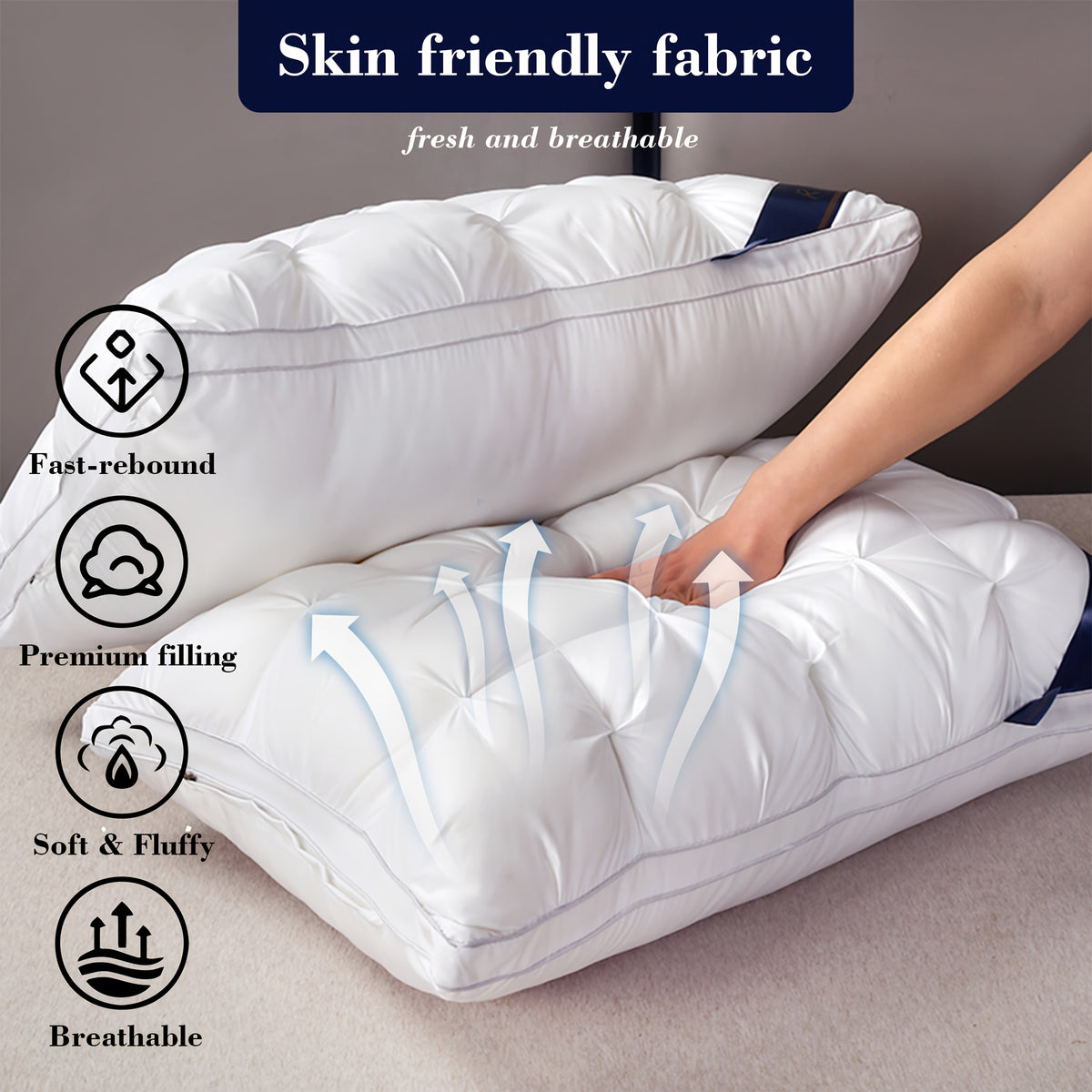 1/2pcs Luxury Hotel-Quality Pillows, Queen Size High Resilience Plush Fill, Soft Comfortable for Deep Sleep. Ideal for Side Back Sleepers, Breathable Cooling, All-Season Use, Machine Washable, Hypoallergenic Plush Cover, Cooling