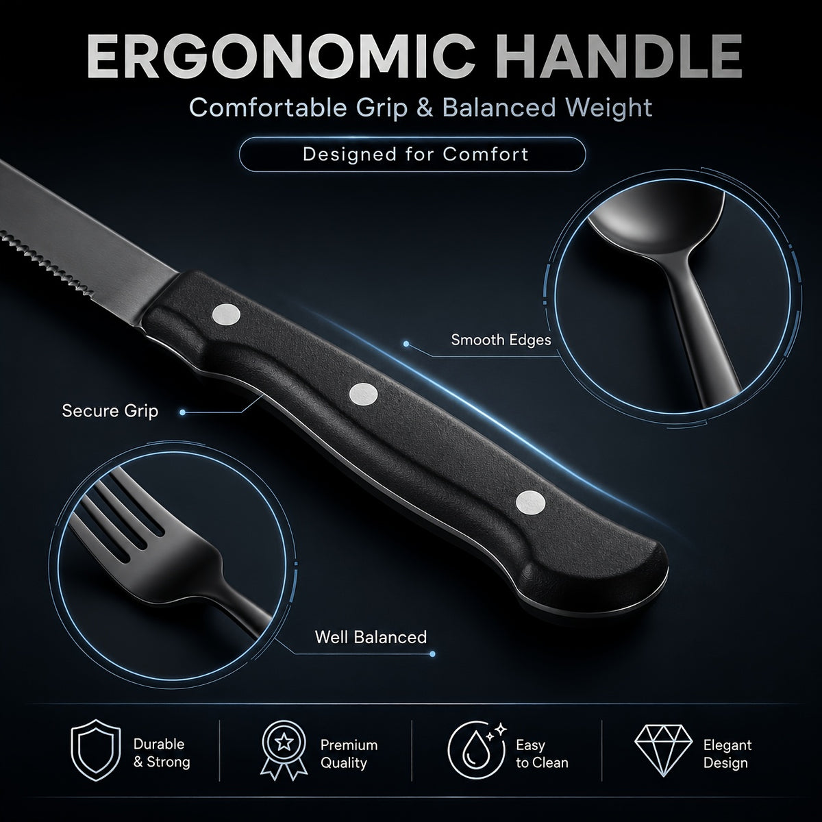 48pcs Black Silverware Set with Steak Knives Service for 8, Stainless Steel Flatware Set, Mirror Polished Kitchen Additions, Home Kitchen Party Eating Tableware Set, Includes Fork Knife Spoon Set, Dishwasher Safe