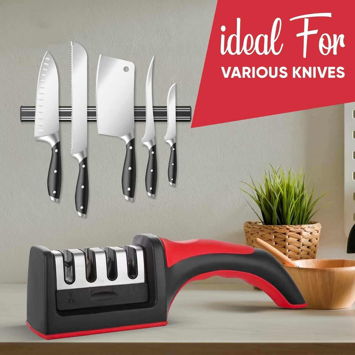 Knife Sharpener, 4-In-1 Blade Stainless Steel Sharpener And Scissors Sharpener, Anti-Slip Handle Professional Knife Sharpener, for Ergonomic And Easy to Use Knife Sharpening Kit