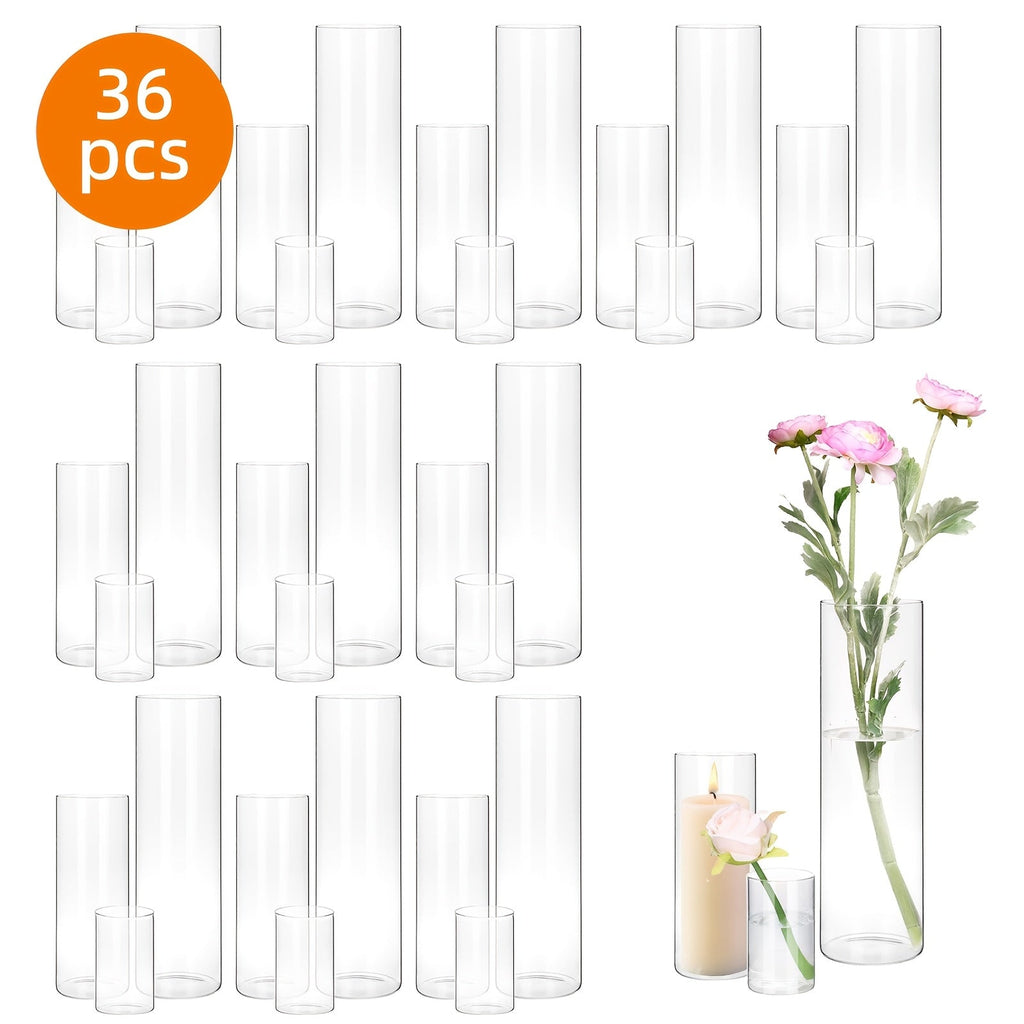 9/15/18/36/45pcs Set of Transparent Glass Cylinder/Square Vases, 4", 8", 12" Height, Assorted Sizes Glass Vases, Tall Glass Vases, Wedding Table Centerpieces, Party Table Centerpieces, Hurricane Floating Candle Holder Vases, Desktop Shelves