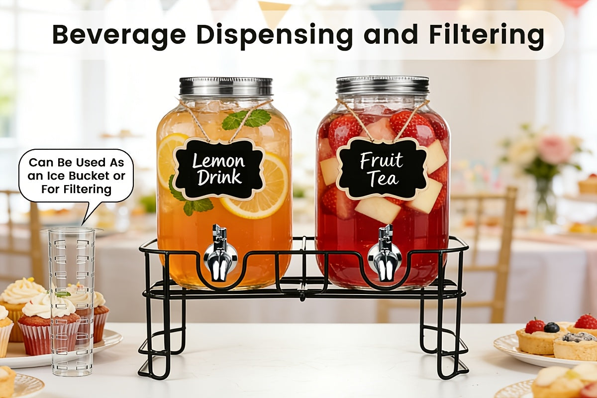 2-Pack 1 Gallon Glass Drink Dispensers for Parties, Beverage Dispenser, Glass Drink Dispenser with Fruit Infuser And Stand And Stainless Steel Spigot, Lemonade Dispenser with Ice Cylinder for BBQ, Picnic, Party, Weddings, And Events