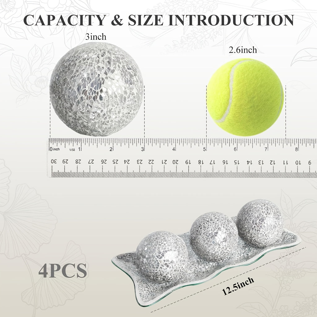 Decorative Glass Balls with Tray, 3-Piece 3-Inch Sphere Set and Glass Display Tray for Coffee Table Centerpieces, Dining Room and Living Room Decor