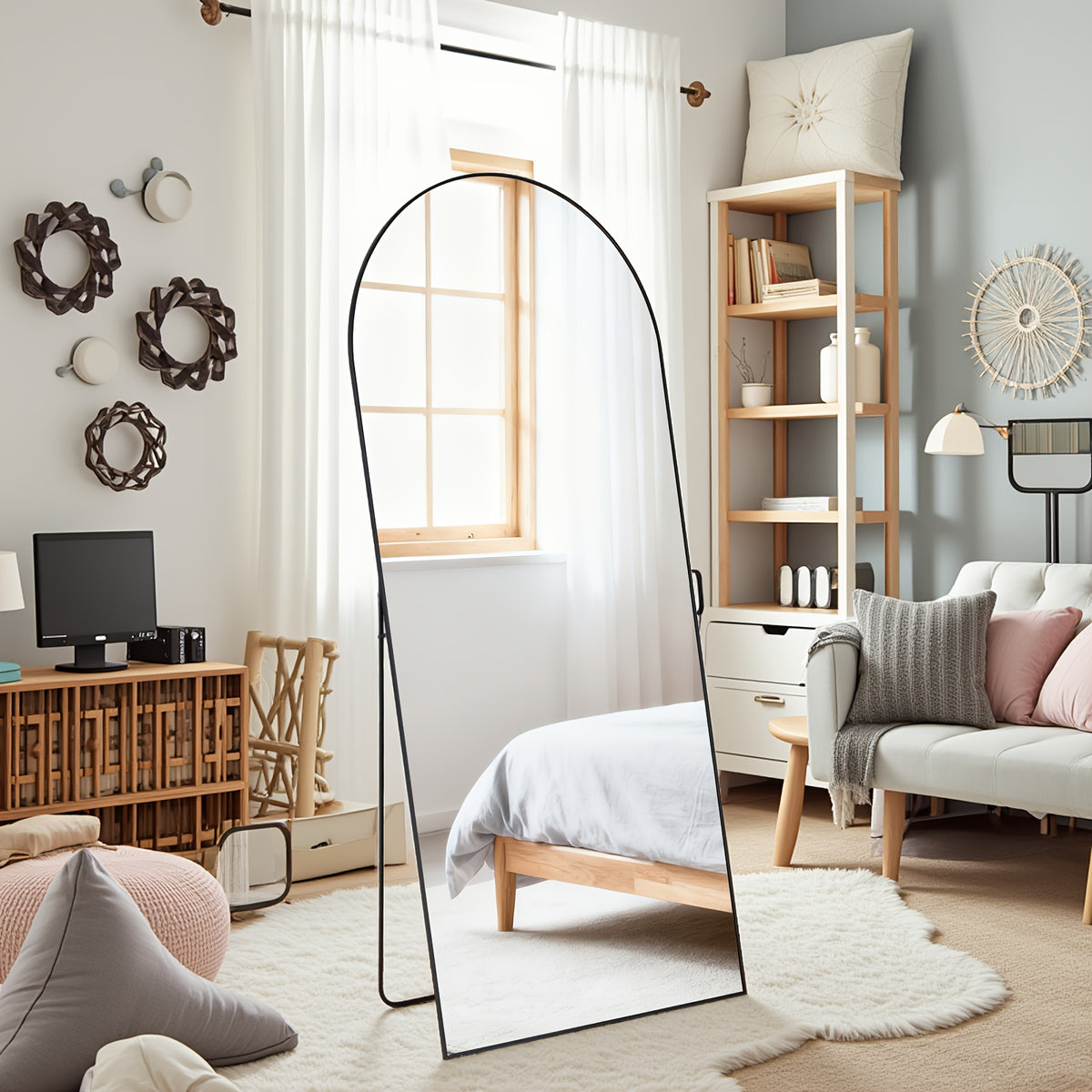 Arched/Rect Full Length Mirror, Full Body Mirror with Stand, Freestanding, Hanging or Leaning for Wall, Steel Alloy Thin Frame Floor Standing for Hotels and Bathrooms
