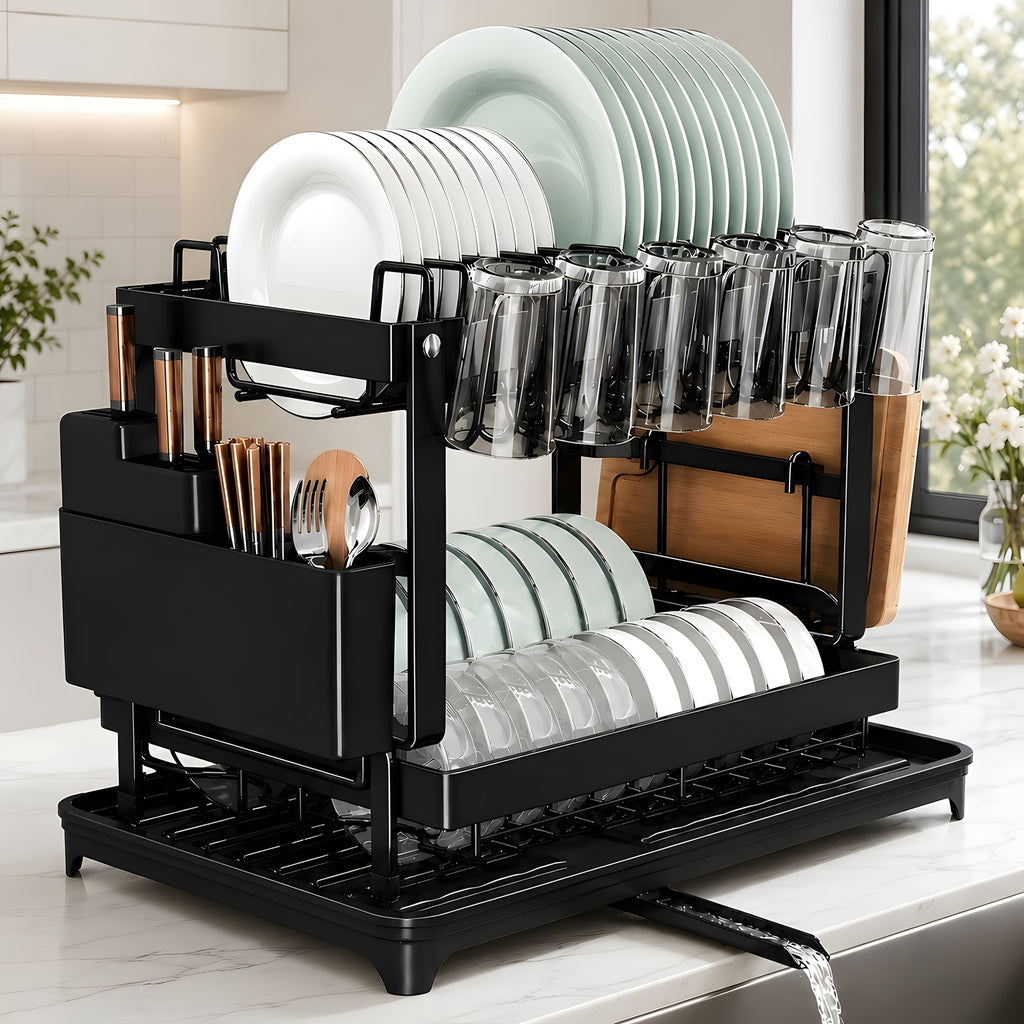 Two-Level Dish Drying Rack For Kitchen Surfaces, Kitchen Organizers And Storage, Dish Drainer With A Drainboard, Kitchen Accessories, Metal Kitchen Dish Holder With Drainage, Two-Tier Kitchen Drying Rack, Black Dish Holders