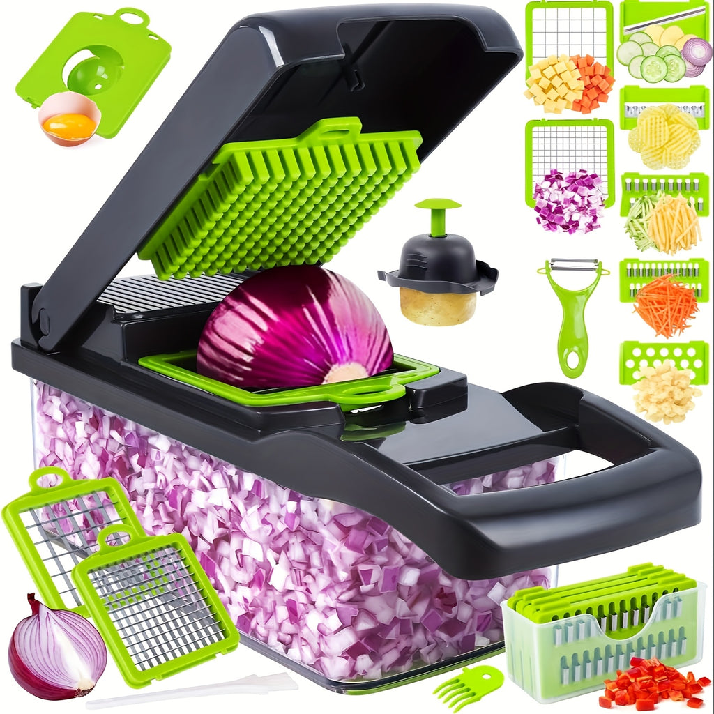 16-in-1 Vegetable Chopper, Professional Onion Chopper, Multifunctional Food Chopper, Kitchen Vegetable Slicer and Dicer, Vegetable Chopper with 8 Blades, Carrot Chopper with Container