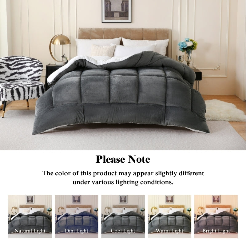 Reversible Sherpa Comforter with Plush Flannel Face and Box Stitch Design, Single-Piece Cozy Bedding in Five Colors for Twin XL, Full, Queen and King Beds