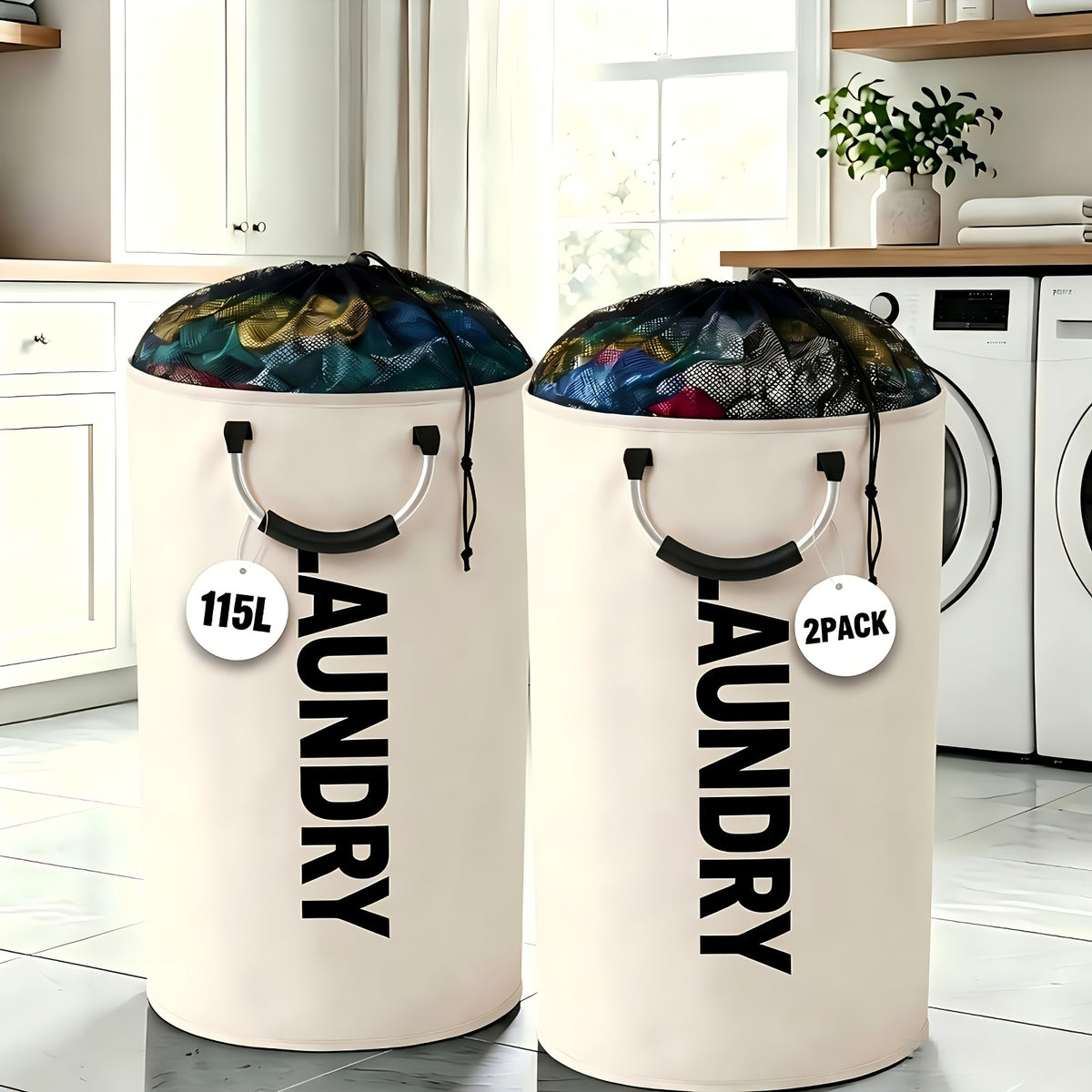2-Pack Extra Large 25.1gal/30.38gal Foldable Laundry Baskets with New Drawstring Closure Design, Multi-Purpose Fabric Clothes Storage Baskets for Bathroom, Bedroom, Outdoor, And Dorm (Space-Saving Design); Each with Ring Handles, Premium Laundry Storage B