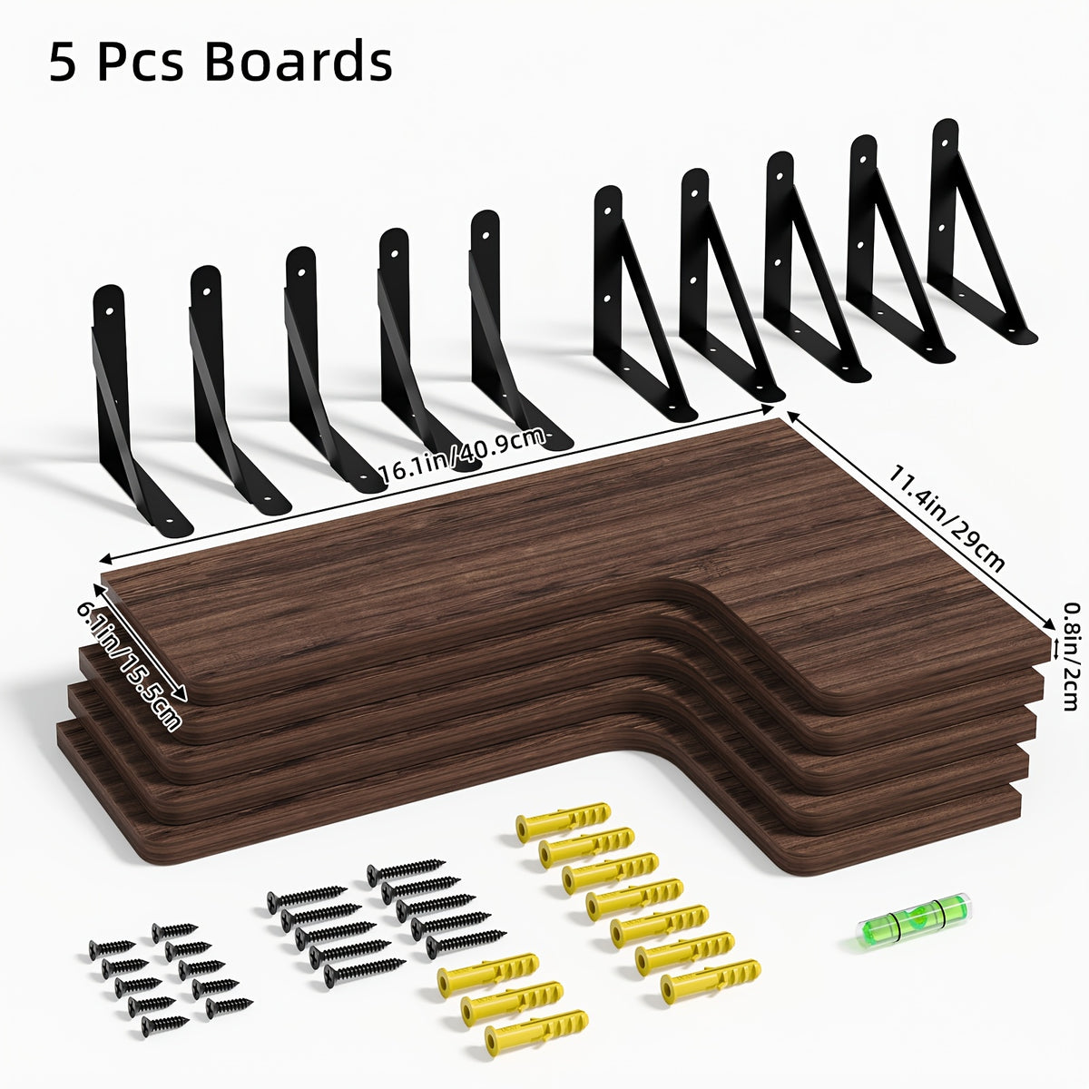 Rustic Wood Corner Floating Shelves, 5-Piece Color Options or 6-Piece Black Wall Storage Set for Bathroom, Kitchen, Bedroom and Living Room Displays