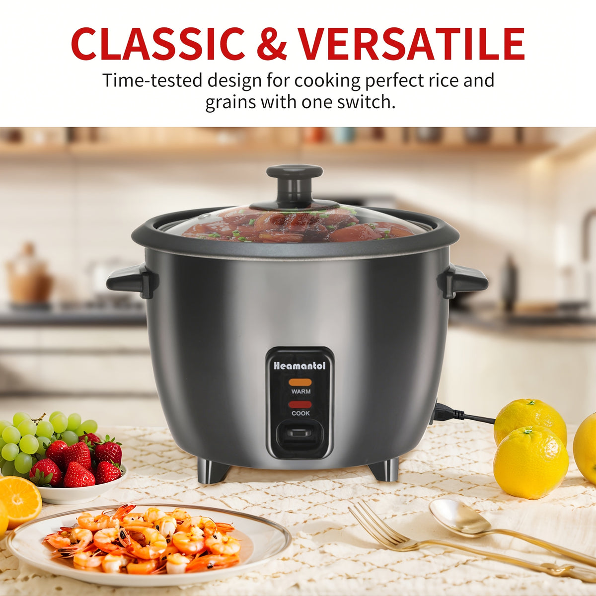 Rice Cooker with Removable Non-Stick Pot, Yogurt Maker with Auto Keep Warm Function, Large Capacity 6-Cup (Cooked) 1.5 Qt, 3-Cup (Uncooked), One-Touch Operation Grain Cooker, Multicooker, Stainless Steel Inner Liner, Steamer, Oatmeal Cooker