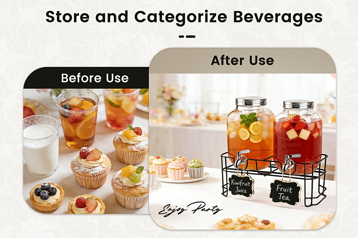 2-Pack 1 Gallon Glass Drink Dispensers for Parties, Beverage Dispenser, Glass Drink Dispenser with Fruit Infuser And Stand And Stainless Steel Spigot, Lemonade Dispenser with Ice Cylinder for BBQ, Picnic, Party, Weddings, And Events