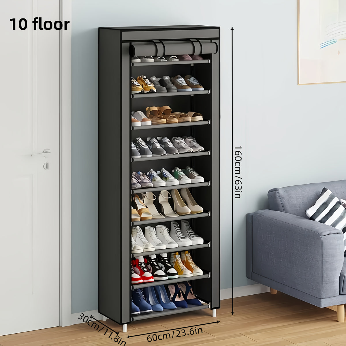 6/8/10 Layer High-Capacity Shoe Rack, with Dust Cover, Multi-Functional Storage Rack, Pipe Diameter 12Mm, Shoe Rack at The Door Saves Space, Easy to Assemble, Suitable for Household Shoe Racks And Wardrobes