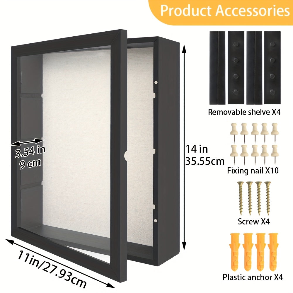 11x14 Large Country Memory Display Box Flowers, Pictures, Championship Rings, MEDALS, Coins, Pin Collection And More, Including 4 Removable Shelving Shadow Box Frames