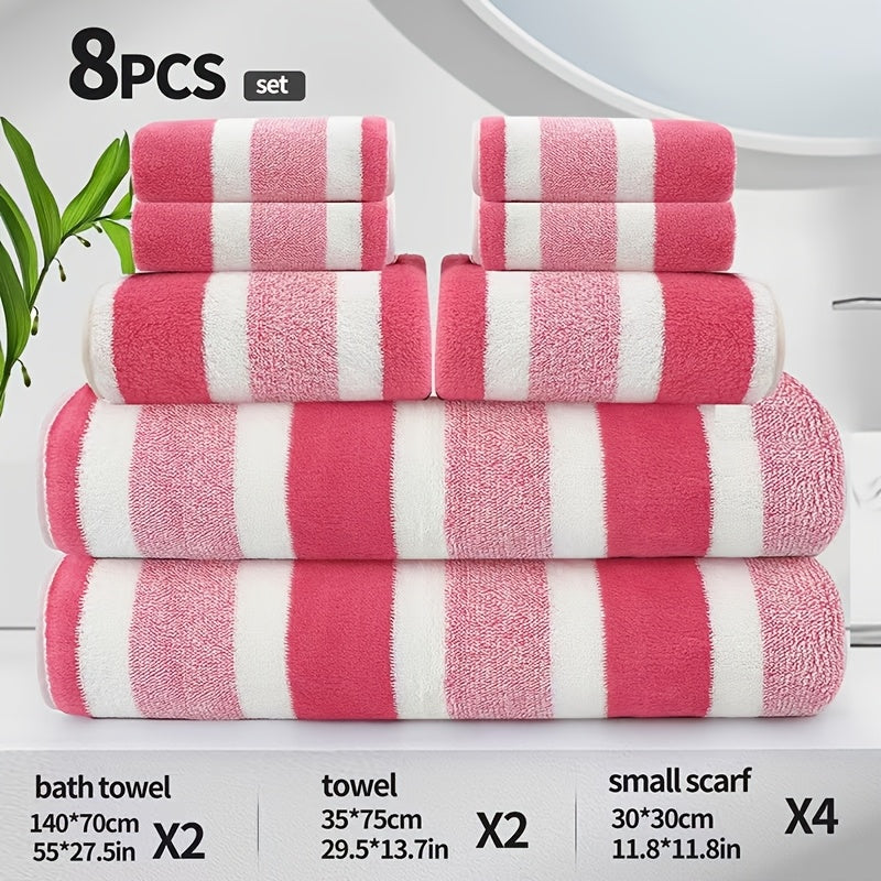 8pcs Set, No Hair Loss, Super Absorbent, Super Soft Two-Color Striped Interval Bath Towel Combination, Including 2 Large Bath Towels, 2 Large Face Towels, 4 Hand Towels