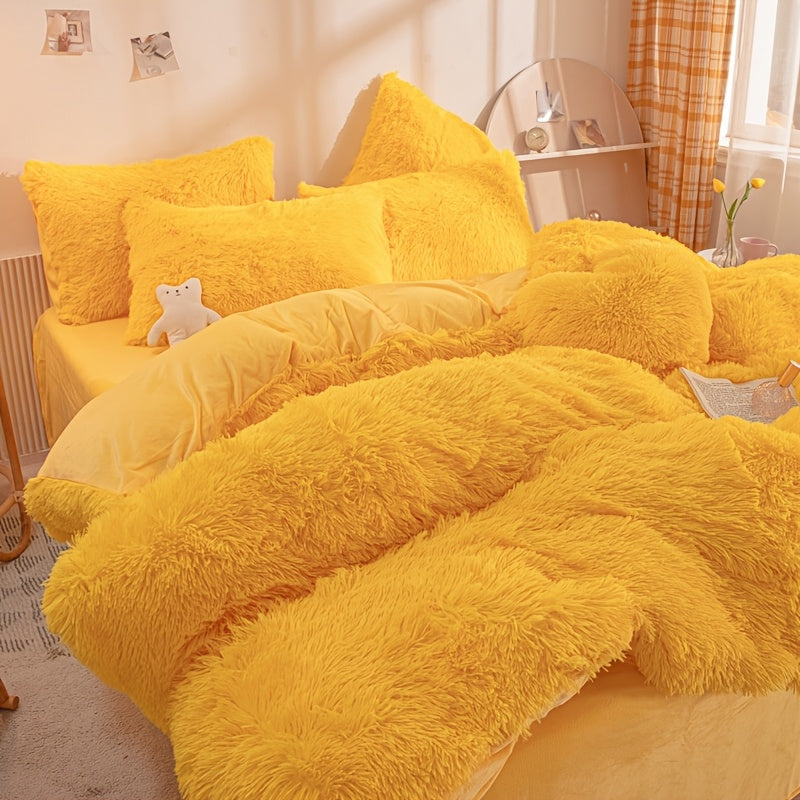 4pcs Fluffy Comforter Cover Set Queen King, Soft Plush Duvet Cover Set with Pillow Shams, All Season Cozy Bedding, No Insert