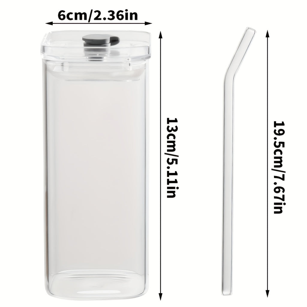 4/6/8pcs Square Glass Cups with Lids, 13oz, Perfect Coffee Cups, Include Straws, Gift for Cup Collectors, Great for Office, Home, School, And Outdoor Use, Weddings, BPA-Free, Comes with Cleaning Brush Tool