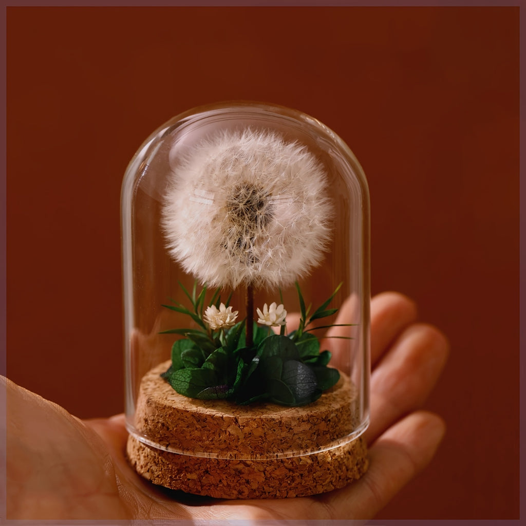 Eternal Dandelion in Glass Dome Decoration - Preserved Floral arrangement with Transparent Display Case, No Electricity Needed Home/Office/Desk Decor - Perfect Gift Box for Mother's Day, Birthday, Christmas, Teacher Appreciation - Long-Lasting Keepsake, F