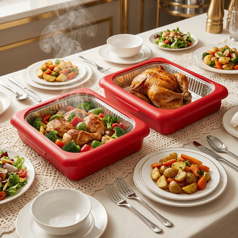 Set of 3 Elegant Pans 2 IN 1 Reusable Plastic Food Storage Boxes with 2 Complimentary Foil Trays for Outdoor Gatherings, Celebrations, Christmas, And Thanksgiving Presents