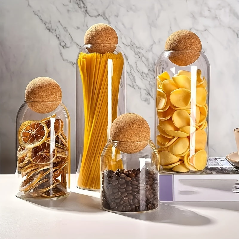 3pcs Glass Storage Container With Spherical Cork Stopper, 17 Oz/500ml Glass Jar, Perfect For Storing Tea, Flowers, Nuts, Candies, Etc. - A Must-have For Kitchen Organizing