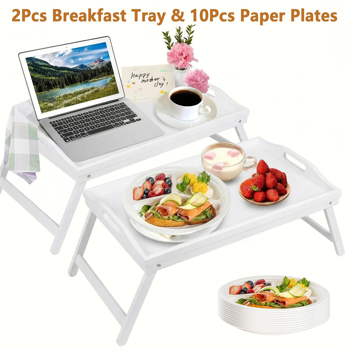 2pcs Bamboo Breakfast Tray with Folding Legs & Handles - Extra Wide Stable Food-Safe Bed Tray Table for Eating, Working, Drawing - Portable Foldable Design for Sofa, Bed, Lazy People, Bedside Table | Natural Look | with 10pcs Paper Plates