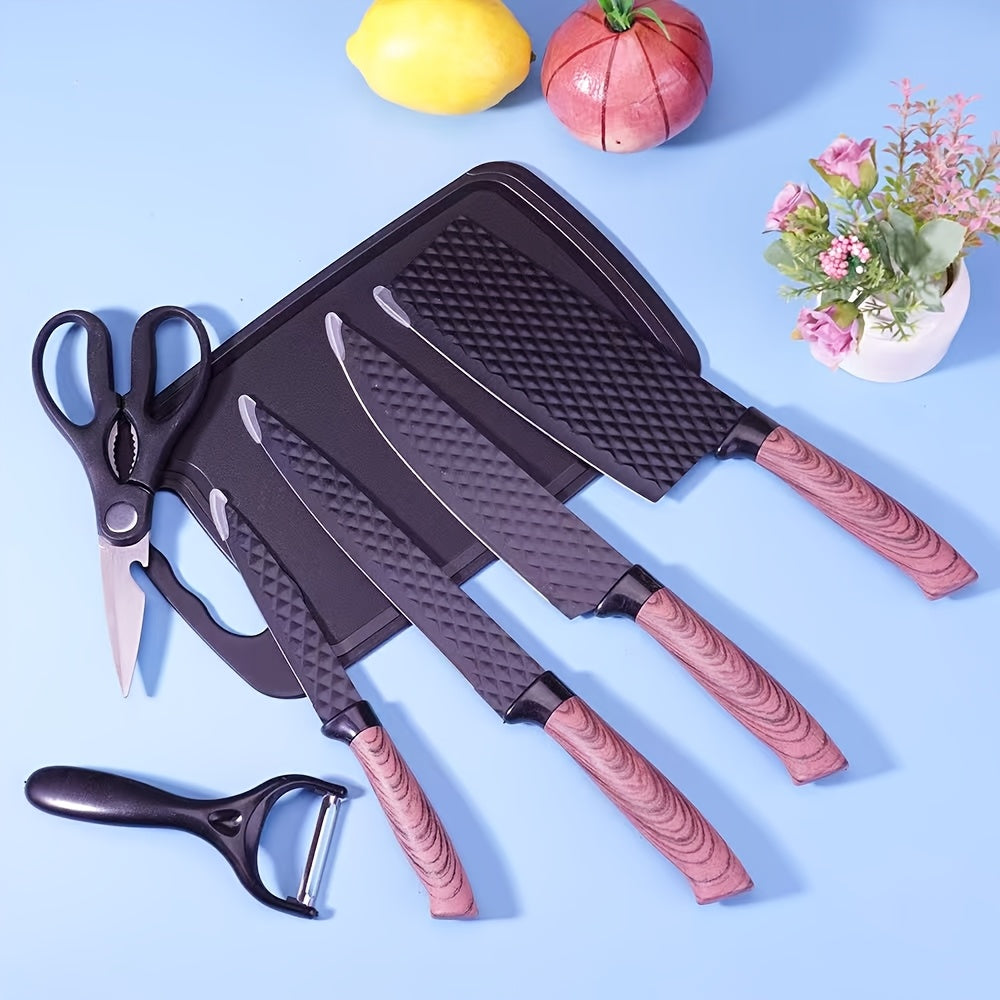 Professional 6pcs Kitchen Knives Set, Chef, Cleaver, Slicer, Utility Knife Peeler& Scissors High Carbon Stainless Steel Ultra Sharp with Non-Stick Ergonomic Wood Handle Cooking Chef Knife Set for Home Travel Vegetable, Meat, Fruit Gift Box