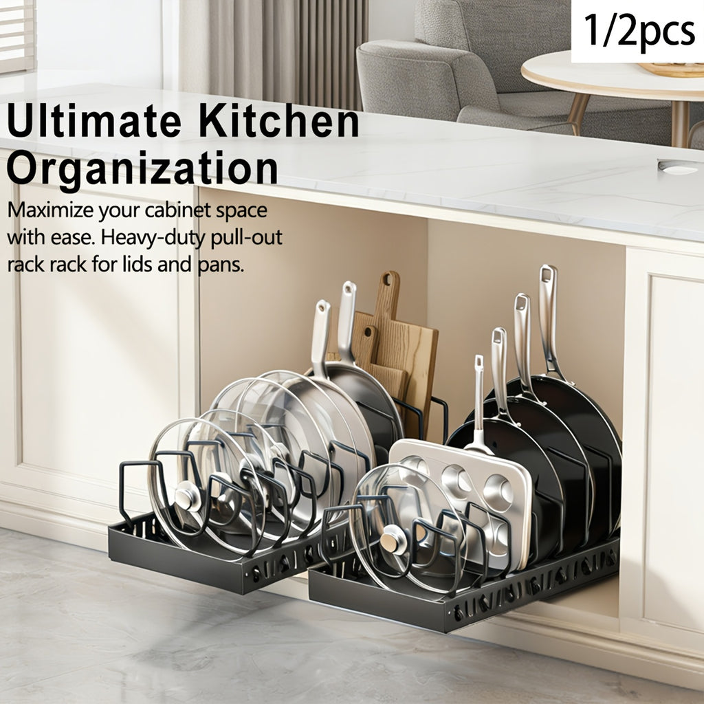 [Kitchen Accessories] 1/2Pcs Cabinet Pull-Out Pot Rack, A Sliding Pot Lid Holder And Flat Pan Holder For The Kitchen, A Sliding Storage Box Within The Cabinet, Suitable For Storing Pot Lids, Baking Utensils, And Plates. 8/16 Adjustable Dividers. Kitchen A