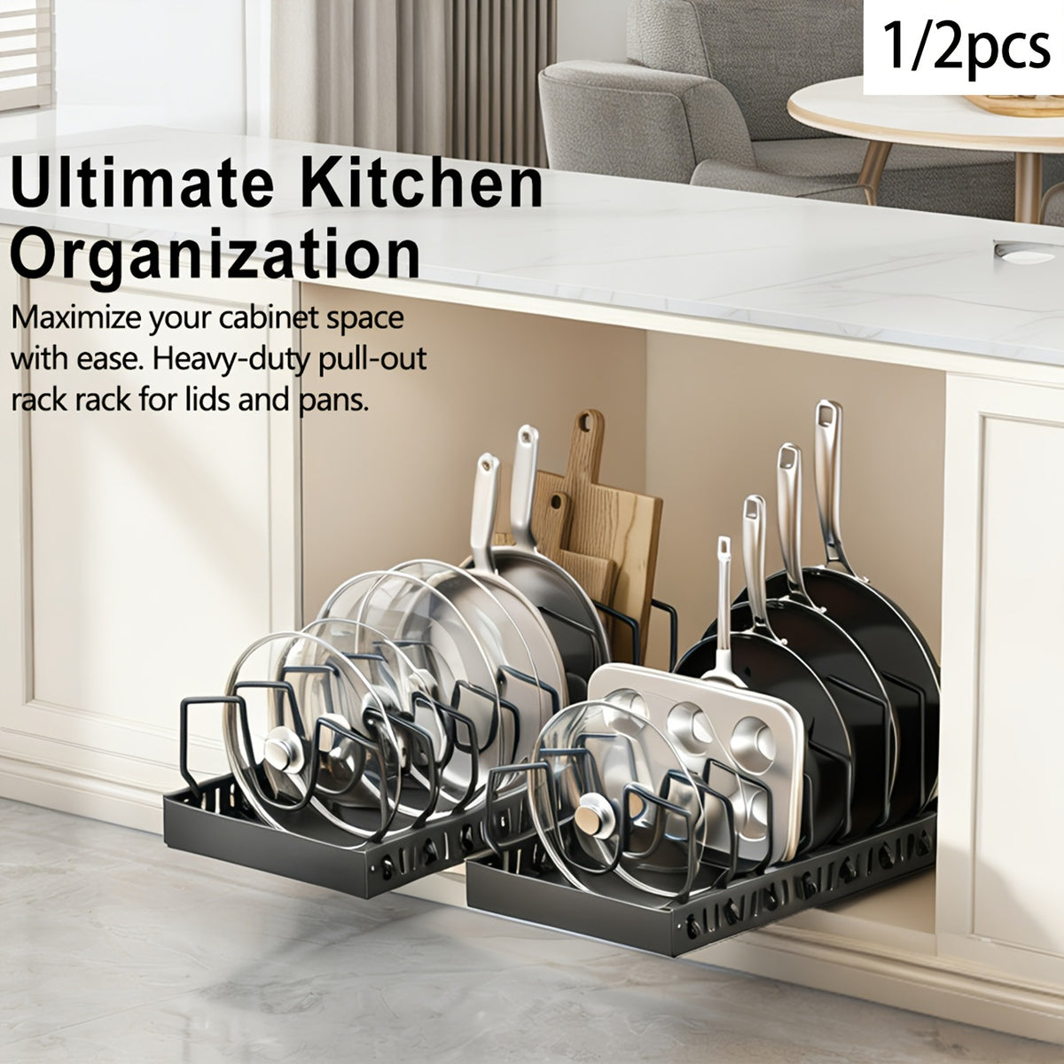 [Kitchen Accessories] 1/2Pcs Cabinet Pull-Out Pot Rack, A Sliding Pot Lid Holder And Flat Pan Holder For The Kitchen, A Sliding Storage Box Within The Cabinet, Suitable For Storing Pot Lids, Baking Utensils, And Plates. 8/16 Adjustable Dividers. Kitchen A