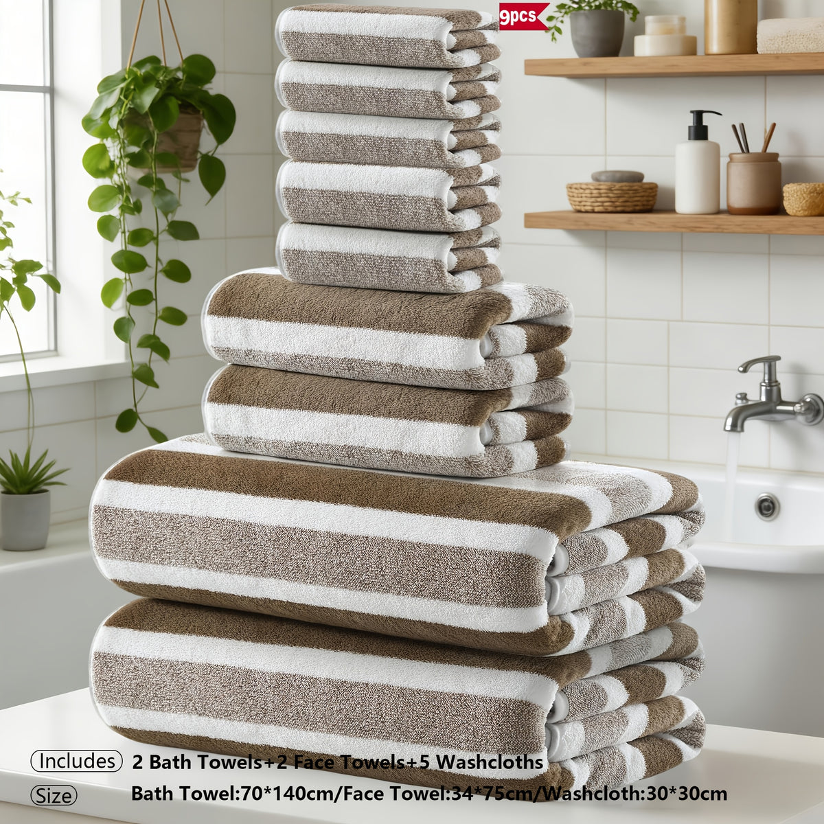 9/15pcs Classic Towel Set, No Hair Loss, Super Absorbent, Super Soft Two-Color Striped Interval Bath Towel Combination, Including 2/5 Large Bath Towels, 2/5 Large Face Towels, 5 Hand Towels, Bathroom Supplies, And Beach Essentials