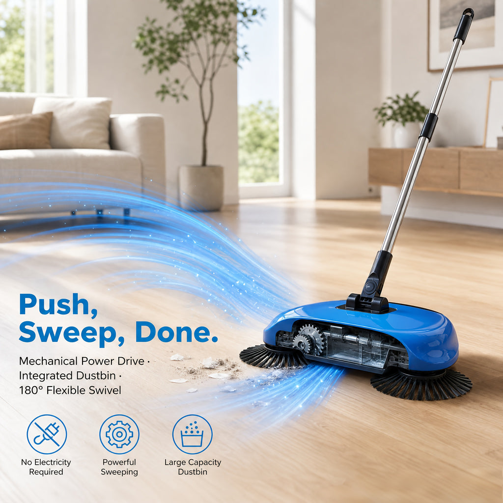 3-in-1 Hand Push Broom, Multifunctional Cleaning Tool Sweep Mop, Long Handle Push Broom with Auto Spiral Deep Clean System, Easy Cleaning Close Fit to The Floor, Ideal for Hardwood, Ceramic, Tiles, Kitchen, Home, Office, Cleaning Supplies