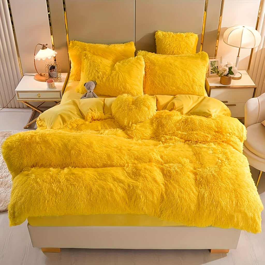 3/4pcs Plush Faux Fur Comforter Cover Set for Kids & Teens - Includes Pillowcases + Plush Heart Pillow - Twin/ Queen/ King Sizes - Super Soft, Warm, Machine Washable (Duvet Cover Only, No Comforter)
