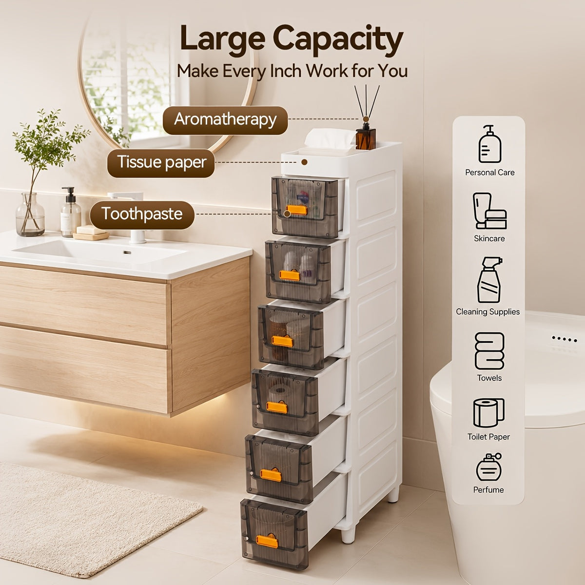 Deluxe Slim Storage Cabinet with Drawers - Durable Waterproof PP Material, Multi-Purpose Organizer with Ample Storage for Bathroom, Kitchen, Personal Care Product Dispensers, and More - Ideal for Small Spaces, Storage Drawer Units