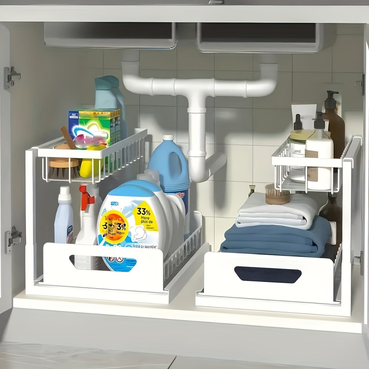2-story Kitchen Sink Storage Containers, Push-pull Cabinet Organizer, Kitchen and Bathroom Organizers and Storage, Study, Tabletop, Metal Sliding Drawers, Practical and Convenient Kitchen Accessories Essentials, Kitchen Organizers and Storage