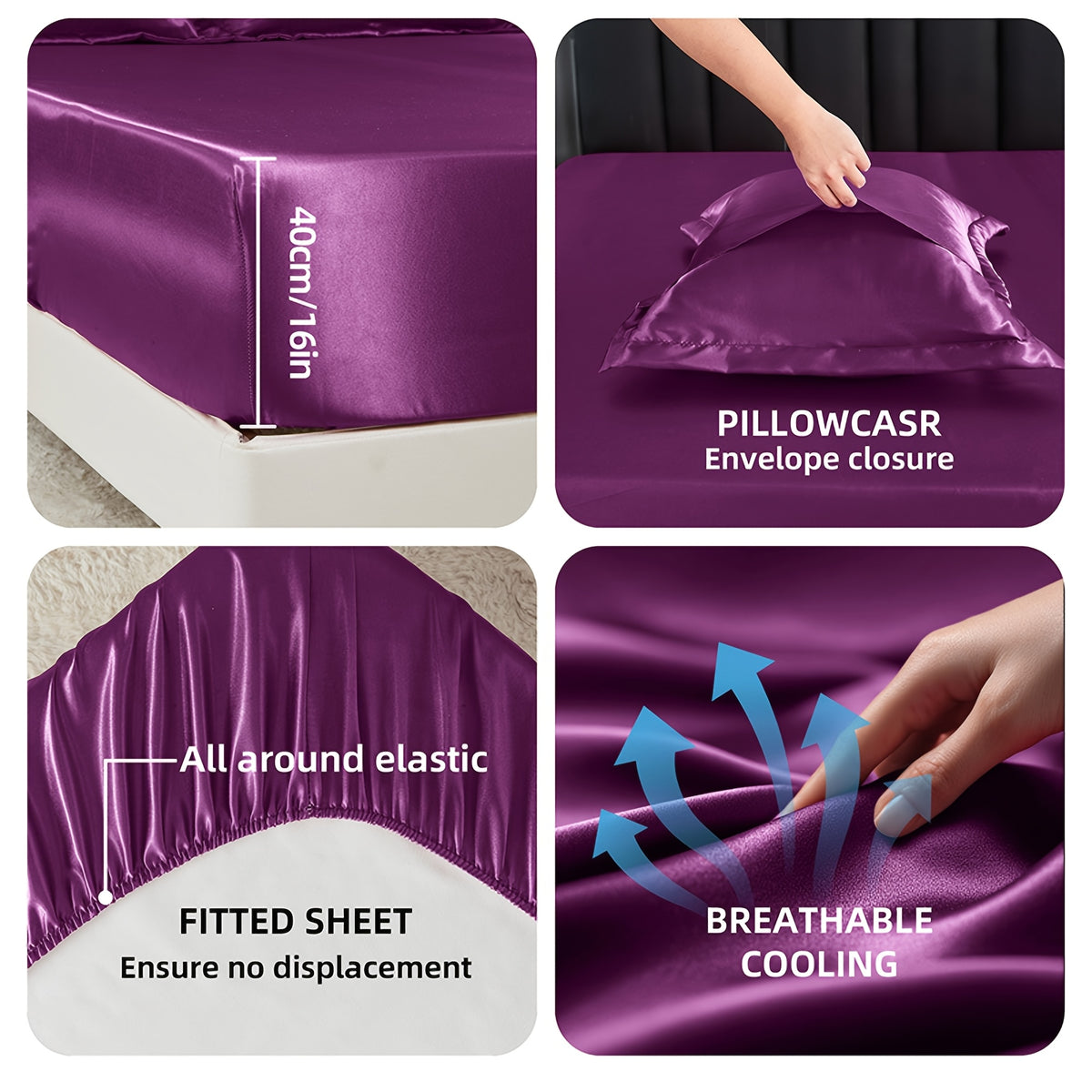 Luxury Satin Bedding Set, Cool And Breathable, Soft Satin Fitted Sheet, Five-Star Luxury Bedding, Twin(Fitted Sheet ×1+Pillowcase ×1), Full.Queen.King(Fitted Sheet ×1+Pillowcase ×2), Apartment, Bedroom, Guest Room, Halloween Christmas Gift