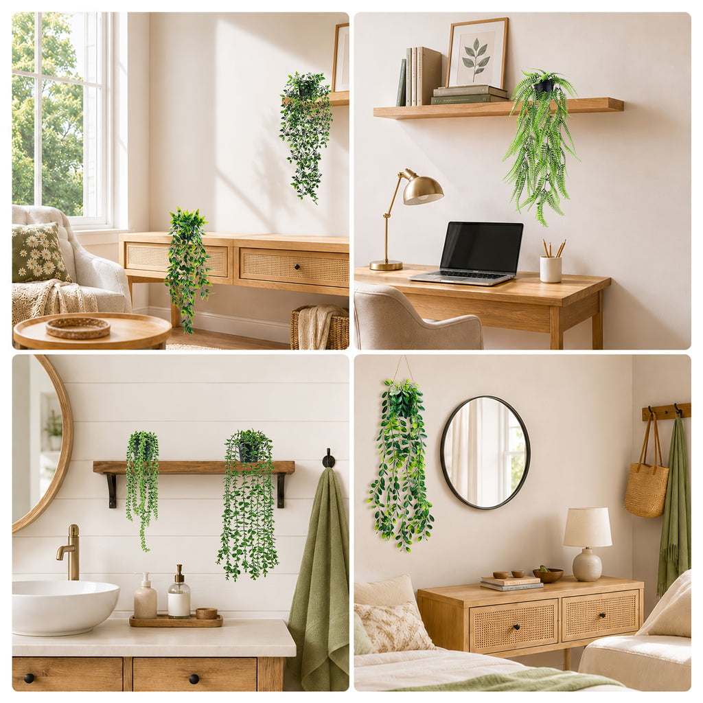 Der Rose 6/8 Packs Fake Plants Hanging Artificial Ivy Vine Faux Eucalyptus Plants In Black Pots For Bathroom Wall Shelf Bookshelf Decor Indoor