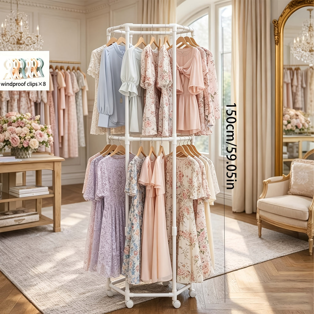 Heavy-Duty Rotating Clothing Rack with Wheels - Freestanding Space-Saving Garment Organizer Suitable for Bedroom, Laundry Room, Commercial Use, Multifunctional Rotating Dresser Rack with Hanging Rods for Coats, Dresses, Pants Storage