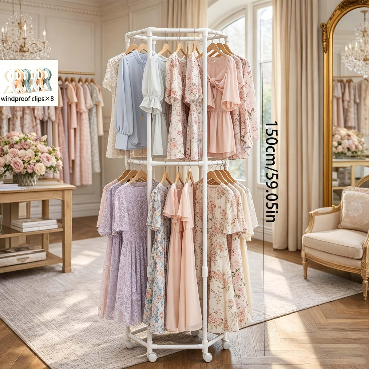 Heavy-Duty Rotating Clothing Rack with Wheels - Freestanding Space-Saving Garment Organizer Suitable for Bedroom, Laundry Room, Commercial Use, Multifunctional Rotating Dresser Rack with Hanging Rods for Coats, Dresses, Pants Storage